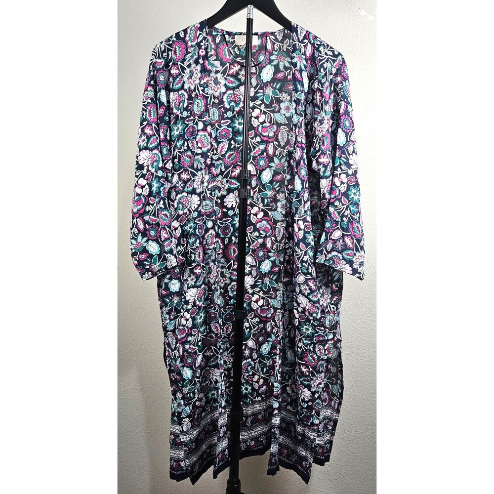 LOFT Outlet Floral Kimono Duster Cardigan XS Navy Pink Teal Boho 100% Modal